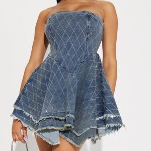 Hailey Rhinestone Denim Mini Dress - Blue